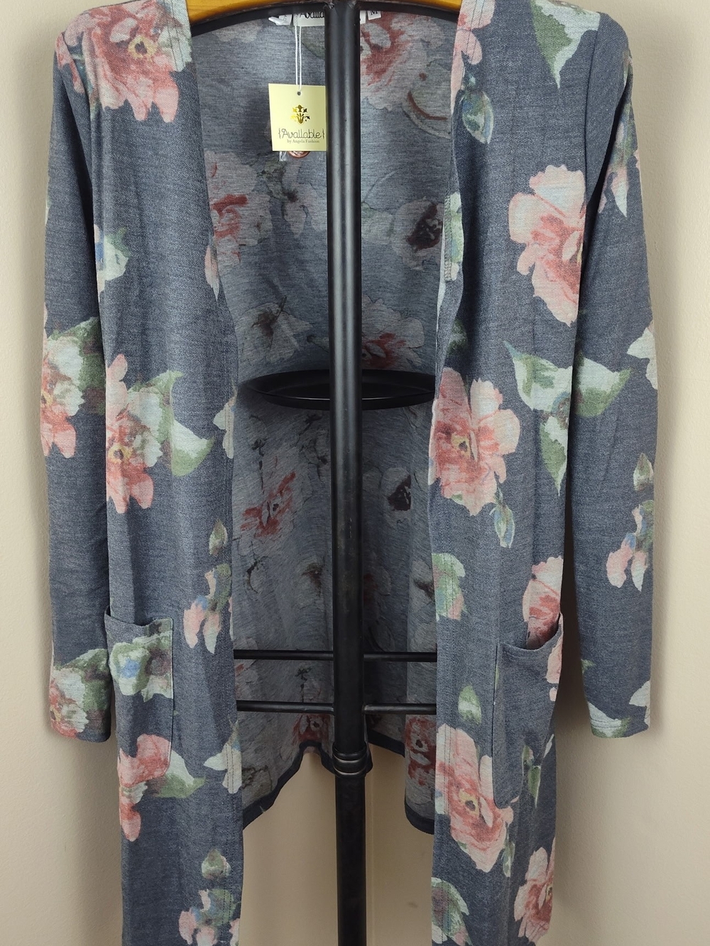 Applothiel Floral Open-Front Cardigan in Heather Blue with Pink Flowers